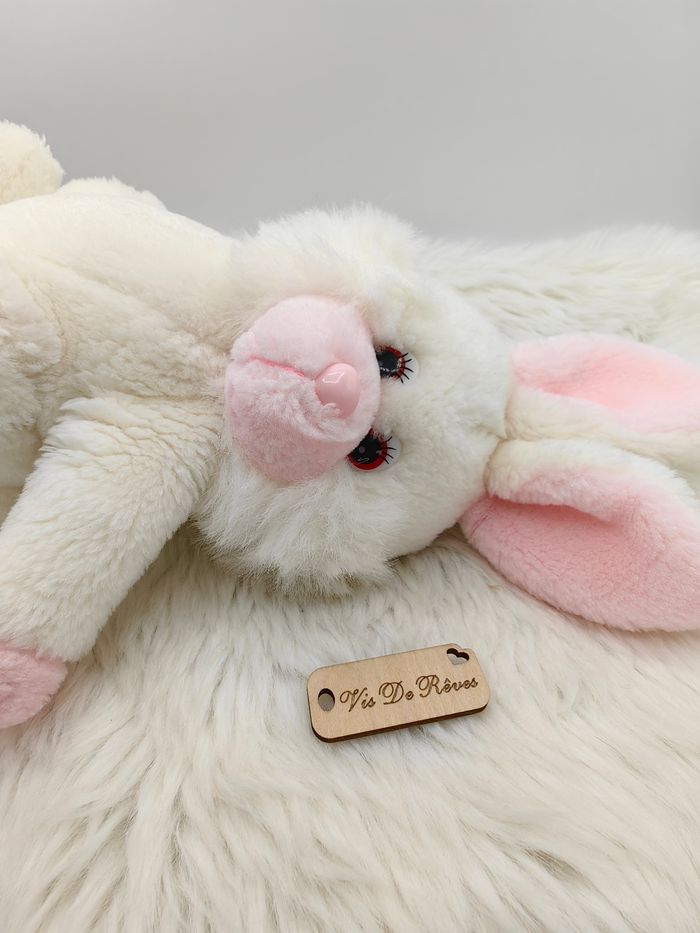 Peluche doudou lapin Blanc Rose Yeux Rouge Vintage - photo numéro 3