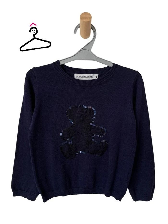 Pull fin bleu marine (ourson dentelle et sequins) - Lulu castagnette 5 ans