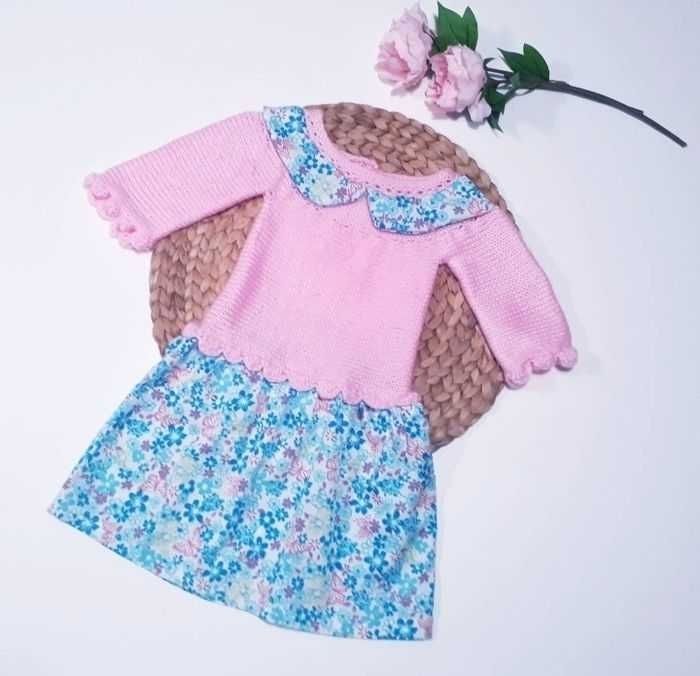 Vêtement ensemble robe fleurie avec col claudine et bonnet béguin tricot fait main bébé fille 12 mois