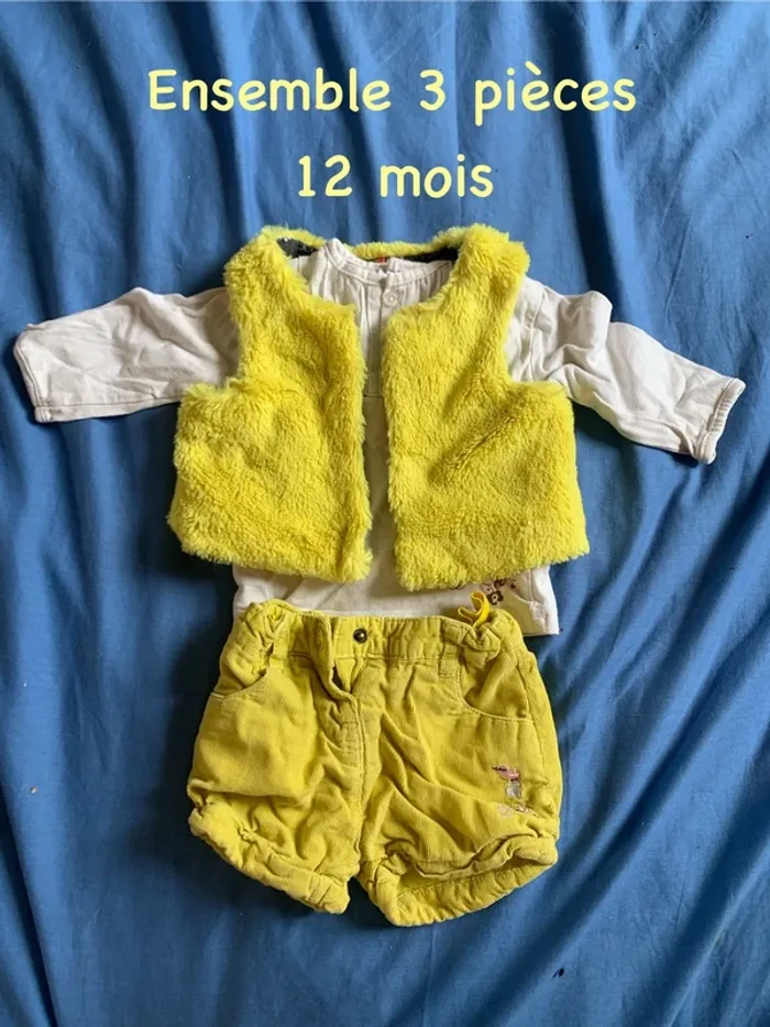 🌼 Ensemble 3 pièces bébé – 12 mois – short velours & boléro jaune 🌼