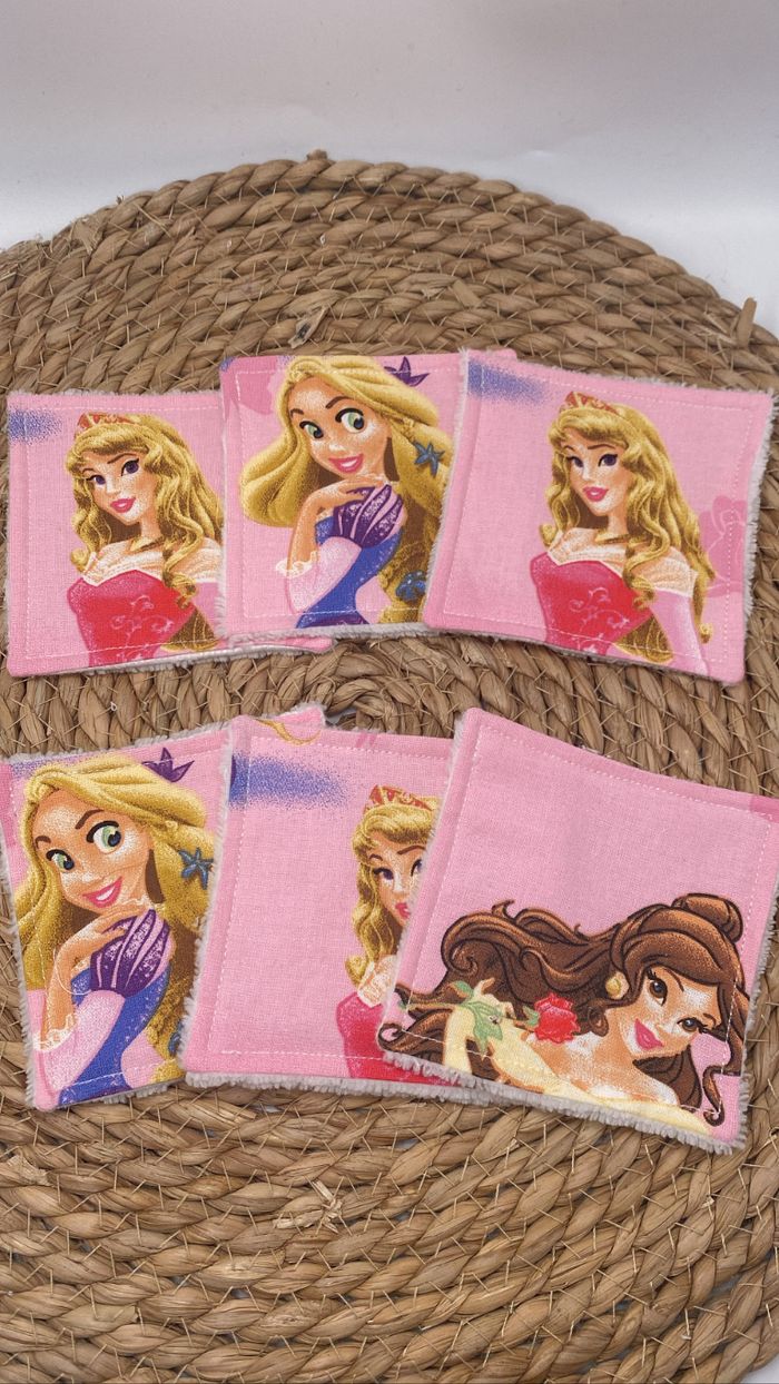 6 lingettes lavables princesses Disney fait main