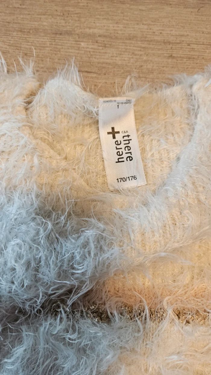 Pull à manches très courtes blanc cassé avec lignes, C&A, taille 170 - photo numéro 5