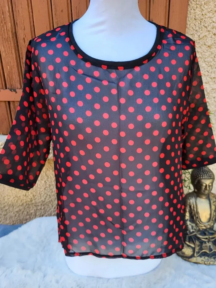 Blouse voile pin-up rétro noir rouge naf naf taille 42 - photo numéro 2