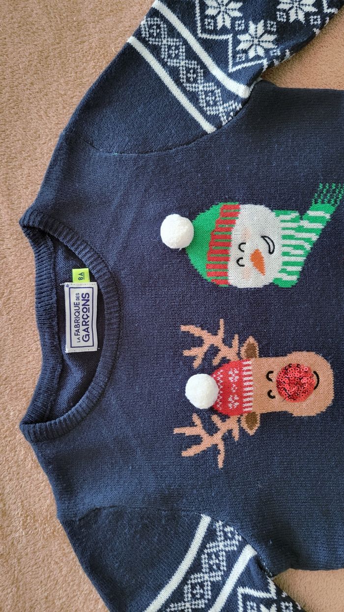 Pull de Noël 8 ans bleu marine dinosaure pompons et brillants - photo numéro 3
