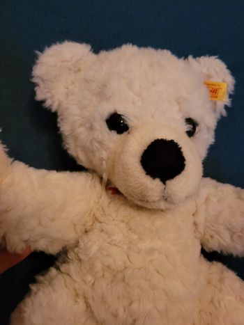 Grand Ours peluche Steiff 35cm gros doudou Chiné blanc noeud rouge traditionnel collection