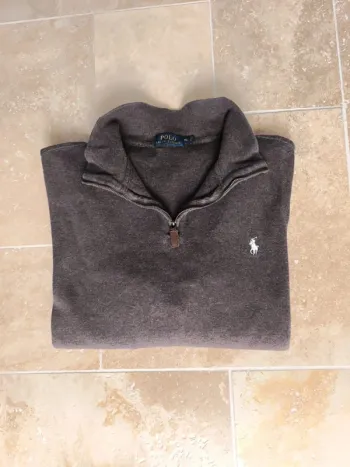 Pull quart zip camionneur Ralph Lauren marron logo blanc XL