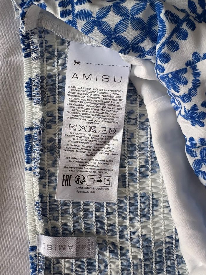 Top blanc à manches longues et épaules dénudées avec motif bleu - Amisu - S/36 - photo numéro 5