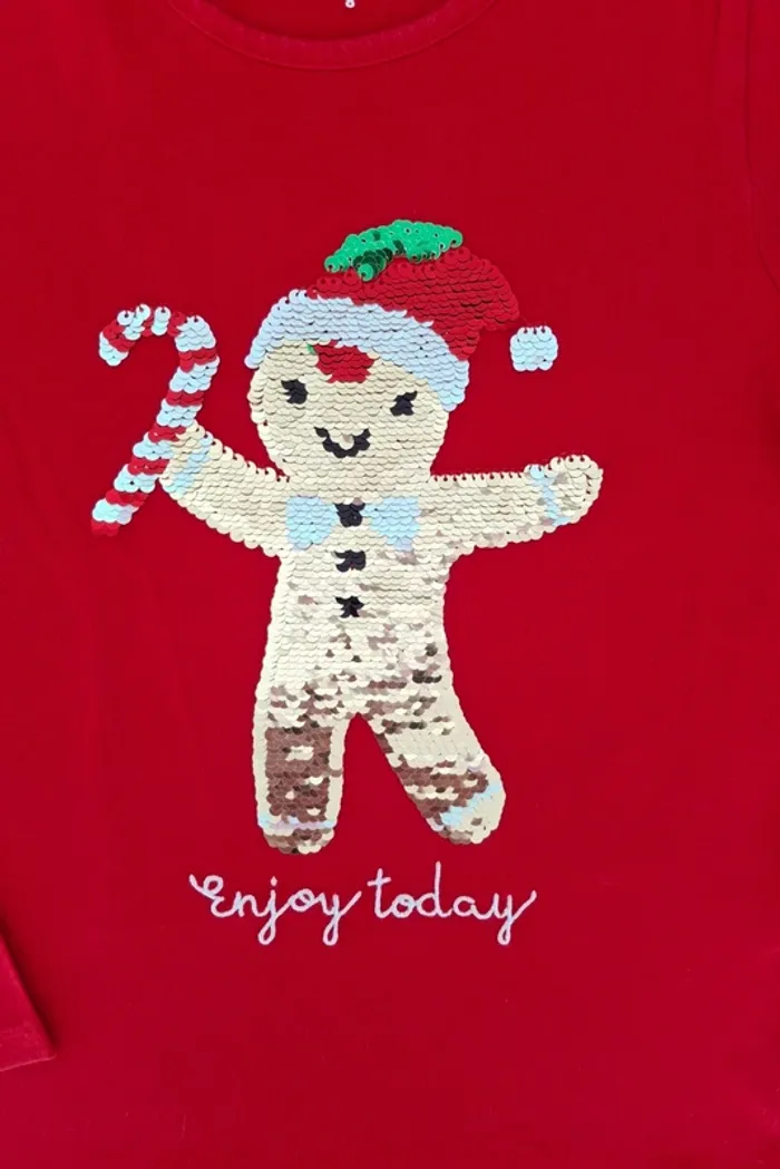T-shirt de Noël manches longues 8 ans Rouge motif lutin en sequins réversibles argentés ou blanc - photo numéro 2