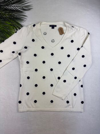 T-shirt manches longues Tommy Hilfiger blanc et marine a pois Taille M femme Col V Vintage 02325