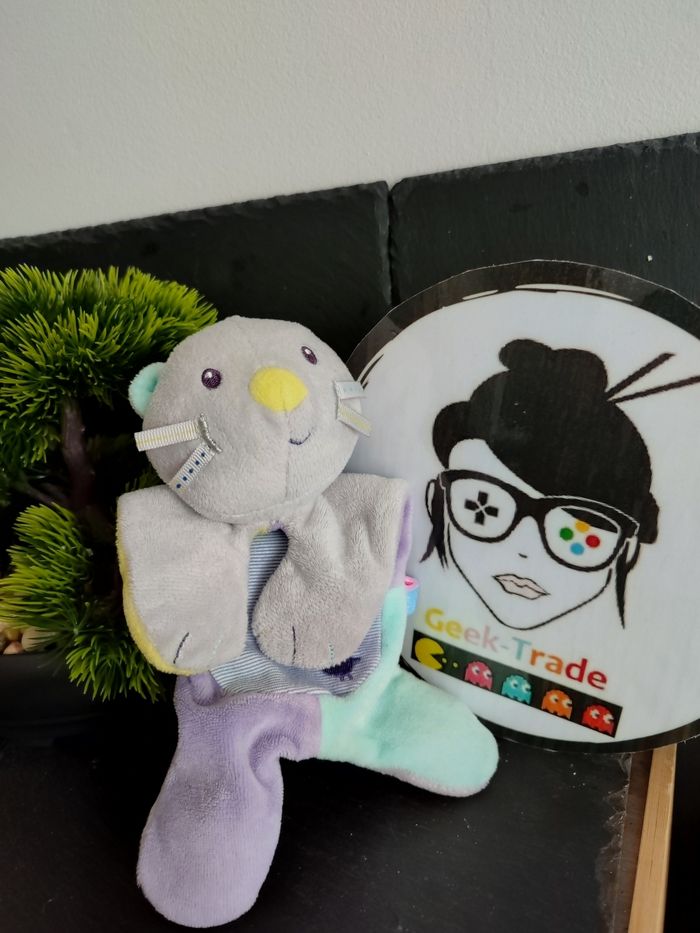 Doudou Chat gris bleu Mauve oiseau poussin Sucre d Orge raye jaune Violet 3123