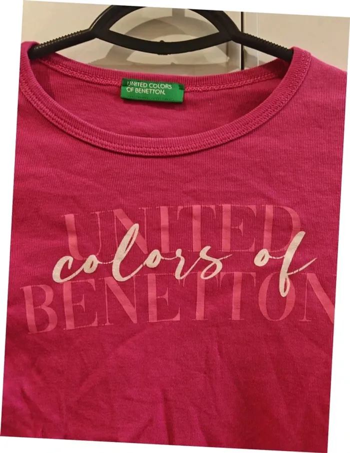 T-shirt manches longues Benetton rose 7-8 ans 👧 100% coton, logo imprimé - photo numéro 2