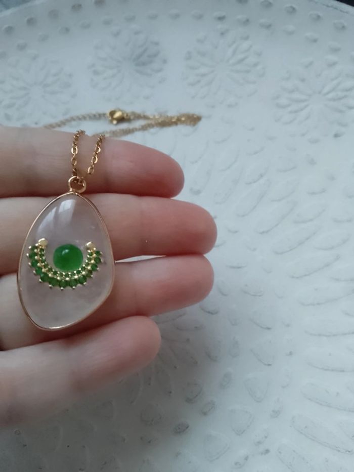 Collier cristal de roche et pierre agate verte - photo numéro 2