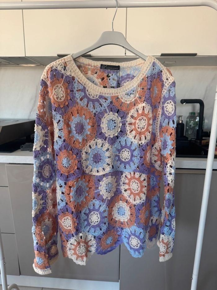 Pull en maille crochet transparent laine artificielle taille M/L orange lilas beige - photo numéro 6