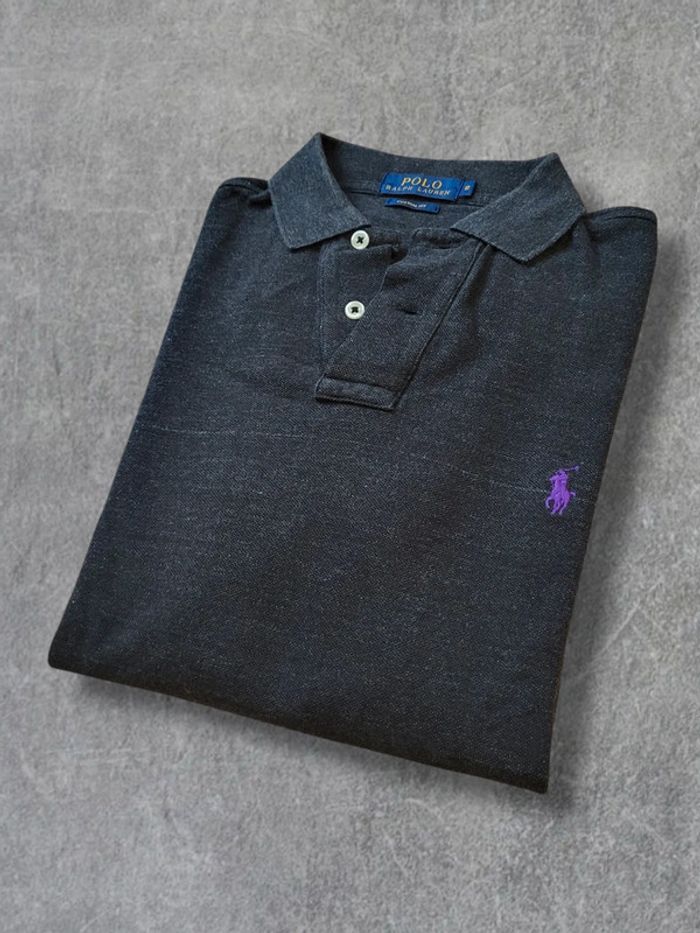 Polo Ralph Lauren manches longues long sleeve gris chiné logo brodé violet 100% coton - S