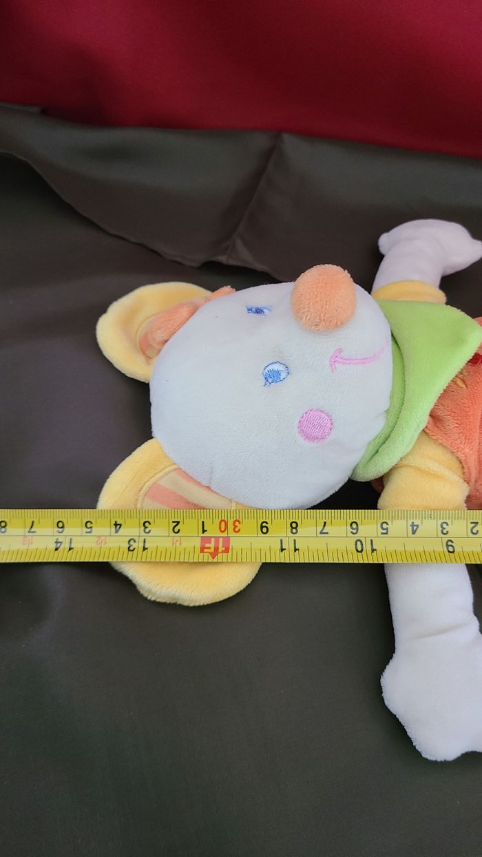 DOUDOU PELUCHE MOTS D'ENFANTS SOURIS ROBE ORANGE JAUNE FOULARD VERT - photo numéro 4