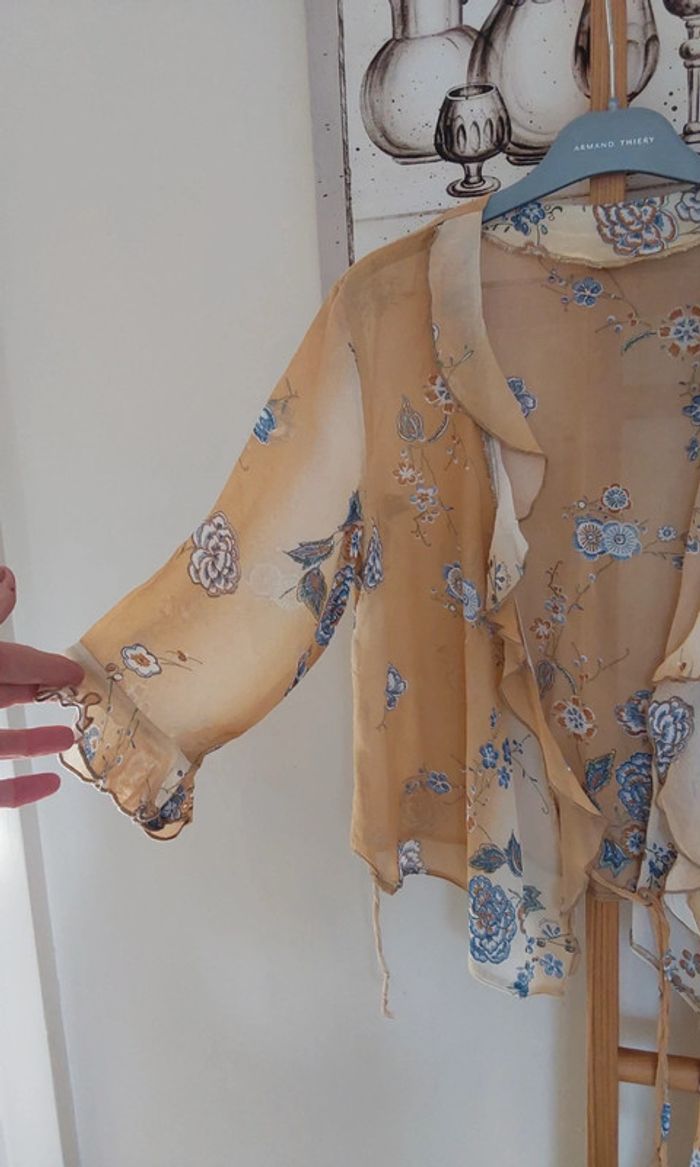 Superbe ensemble fluide Vintage beige bleu jupe et veste boléro T38 - photo numéro 8