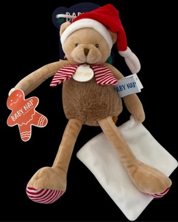 ❤️B4089 Doudou Pantin Ourson Ours Beige Noël Mouchoir Blanc BABY NAT Babynat