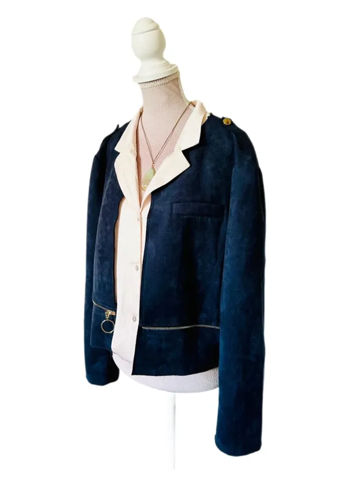 💙Veste vintage bohème 2-en-1 Carnaby mi-longue ou courte Taille 42/XL Versatile navy suede jacket💙 - photo numéro 9