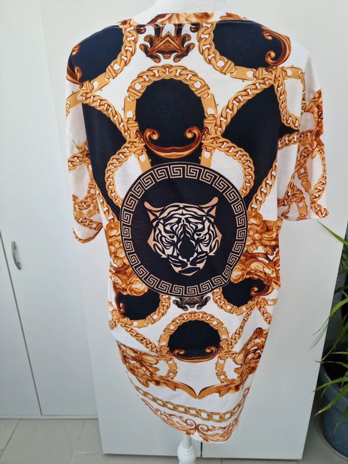 T-Shirt Blanc Noir Imprimé Tigre Chaines Dorés - photo numéro 4