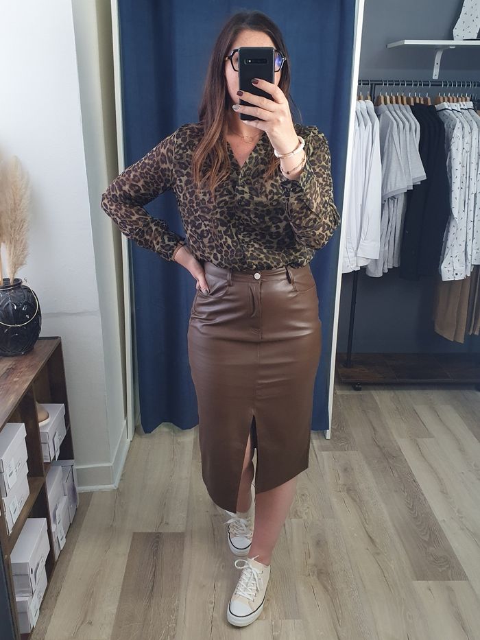 Jupe mi-longue simili cuir Madrid marron Taille M - photo numéro 2