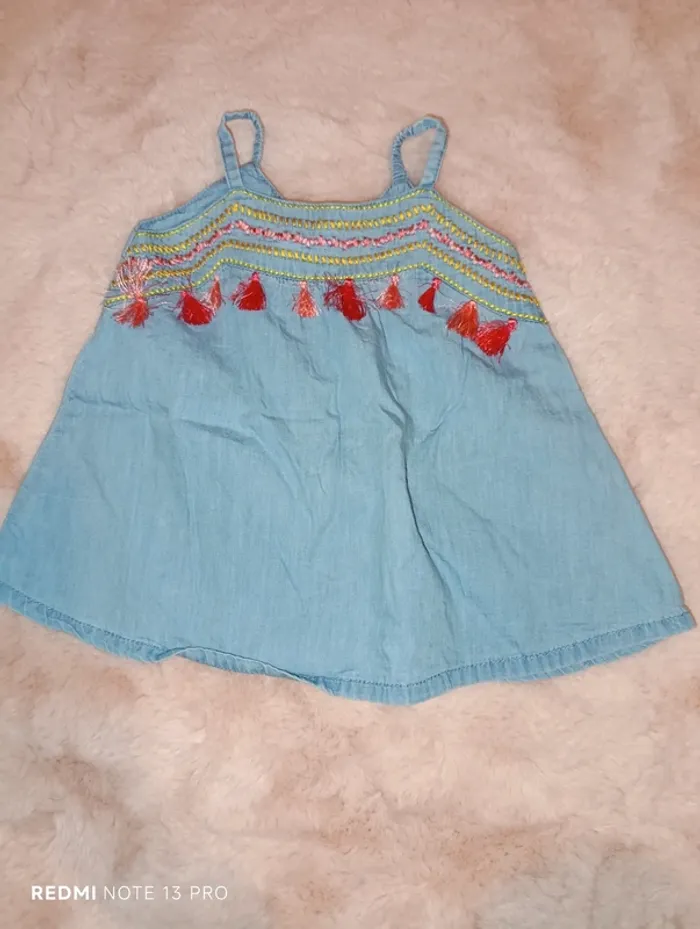 Robe à bretelles jeans souple à pompons et broderie - photo numéro 2