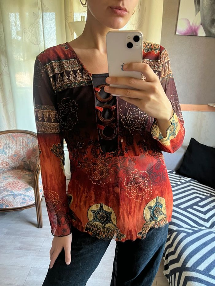 Top ethnic à boucles y2k 2000yer grunge bohème champêtre mesh vintage - photo numéro 3