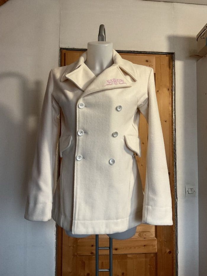 Manteau caban crème brodé / doublure rose 65% laine poches boutonnées vintage 90s Diesel