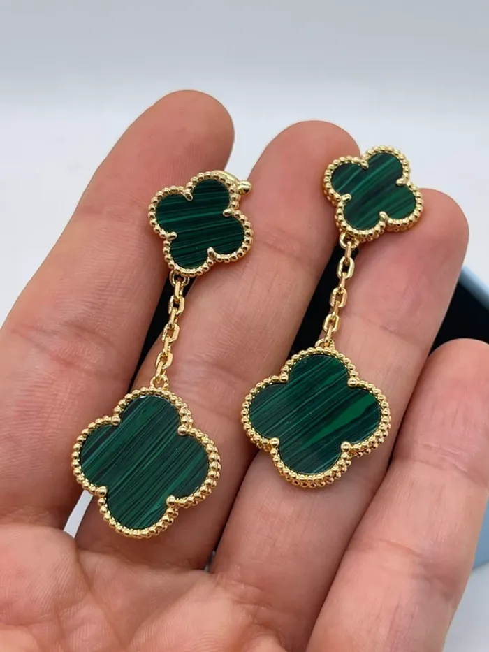 Boucles d’oreilles pendantes 2 trèfles malachite - photo numéro 5