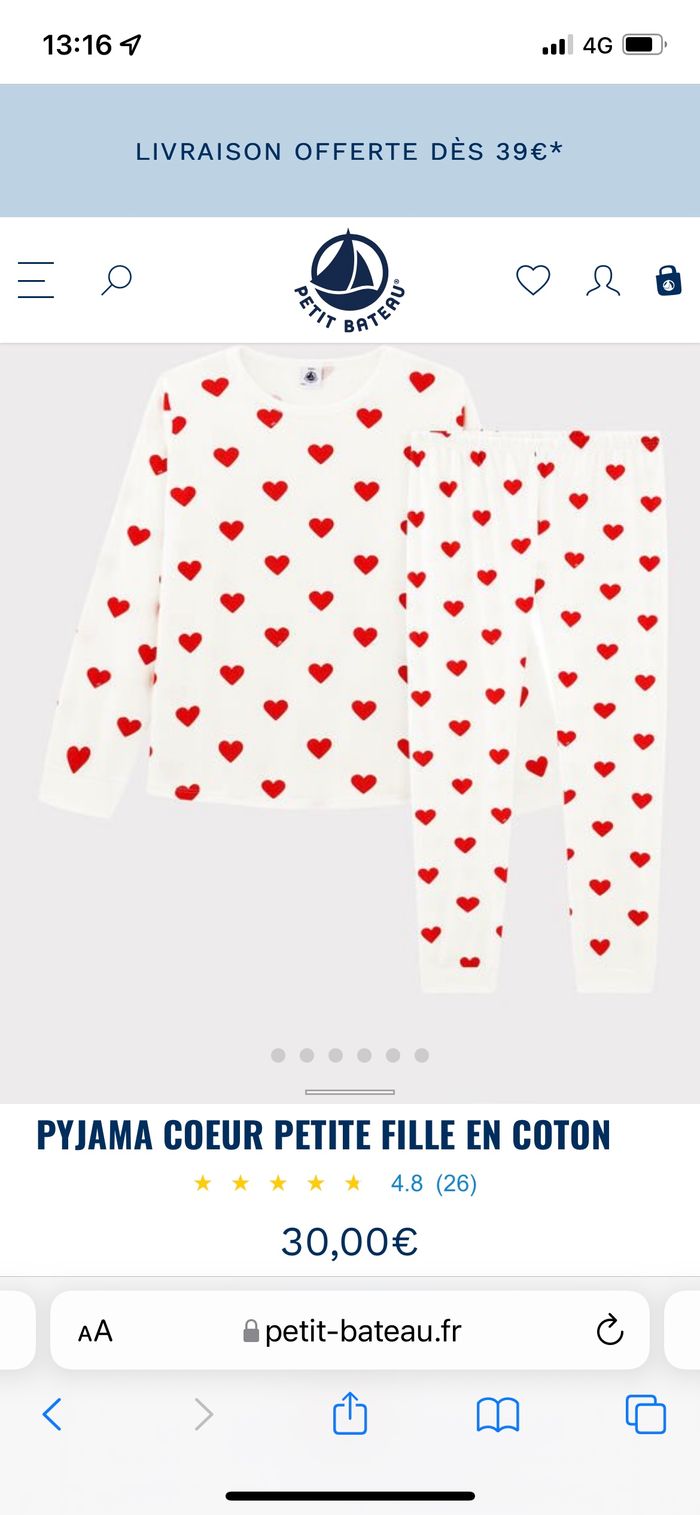 Pyjama cœur coton petit bateau neuf avec étiquette 10 ou 14 ans