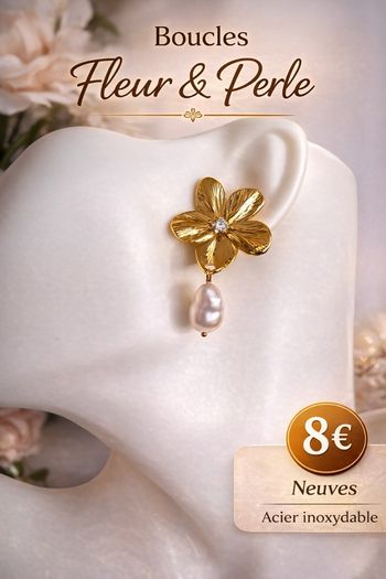 Boucles d'oreilles fleur dorée & perle   acier inoxydable Neuves