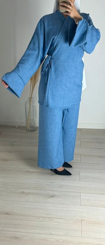 Ensemble effet lin bleu neuve