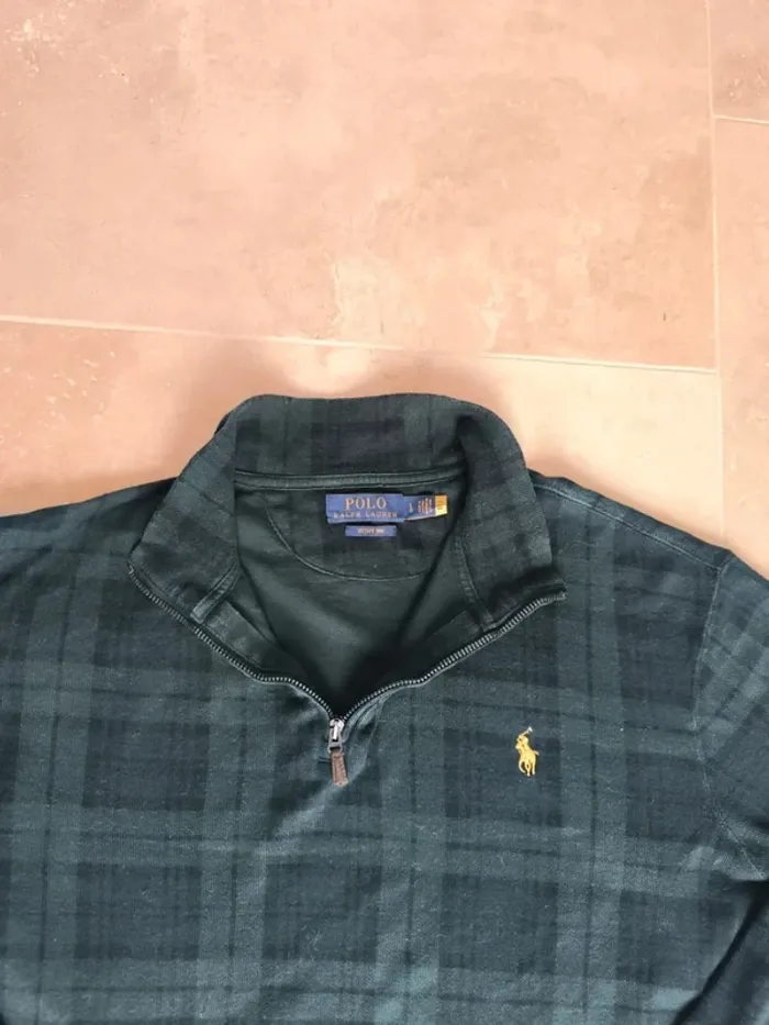 Pull quart Zip homme écossais L Ralph Lauren vert motif carreaux logo jaune excellent état - photo numéro 5