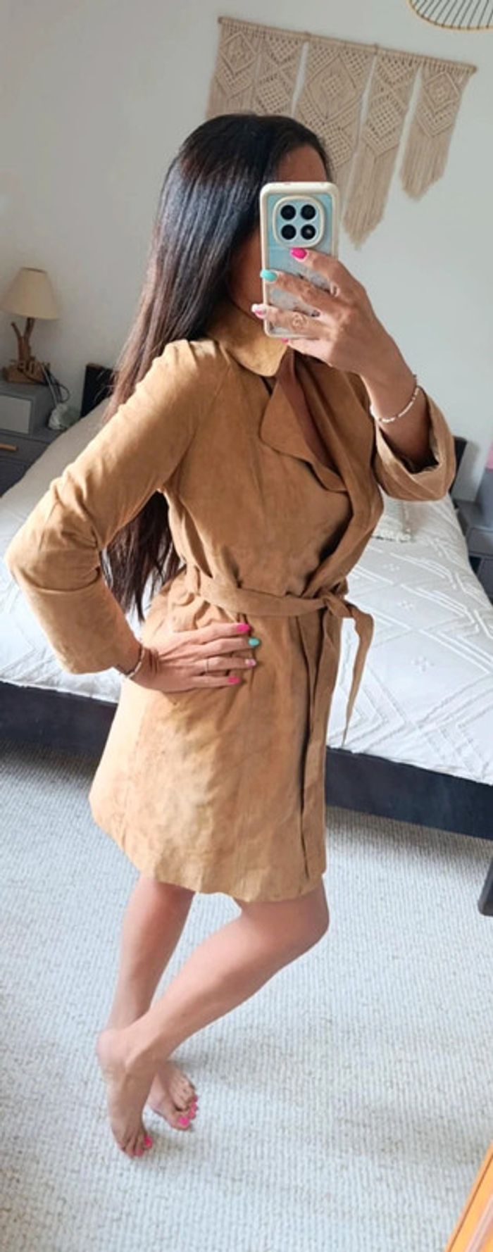 Veste manteau trench léger et fluide en daim Caroll 36 beige avec ceinture
