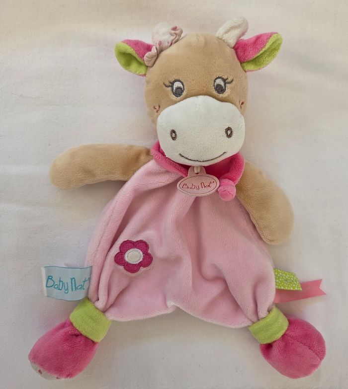 Doudou plat vache rose coquillette- Fleur - Baby Nat