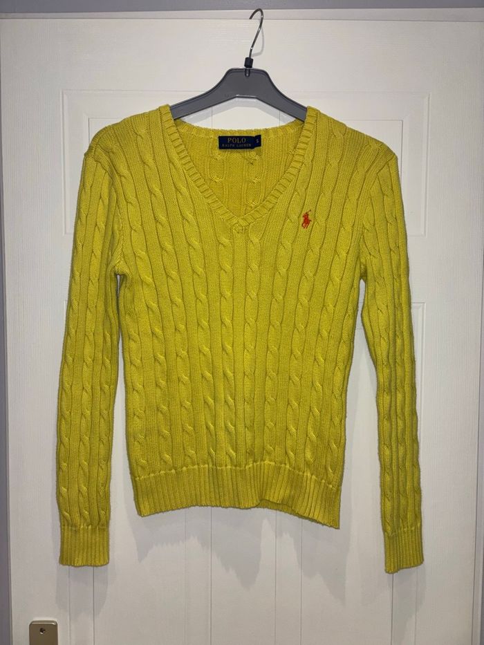 🌼 Pull Ralph Lauren Jaune à Col V Logo Orange - Taille S/36 - Très bon état - photo numéro 3