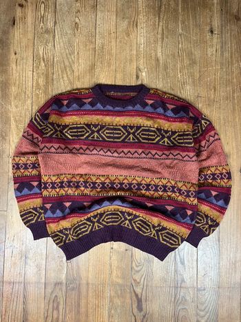 Pull vintage maille laine motifs rayures multicolore L