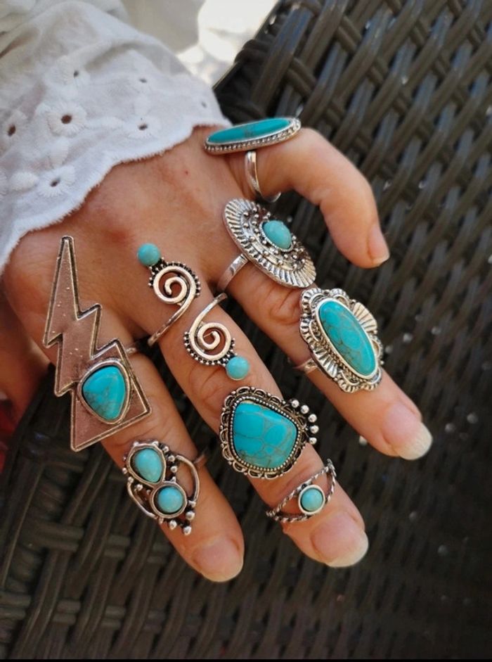 A48 lot de 8 bagues bohème rétro turquoise diverses taille.neuves