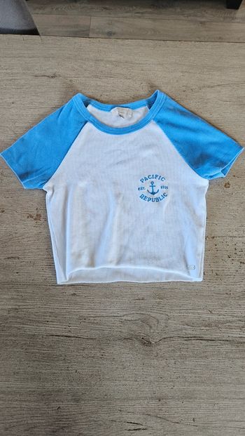 Croc top à manches courtes, vintage, bleu clair et blanc, Pull&Bear, taille S