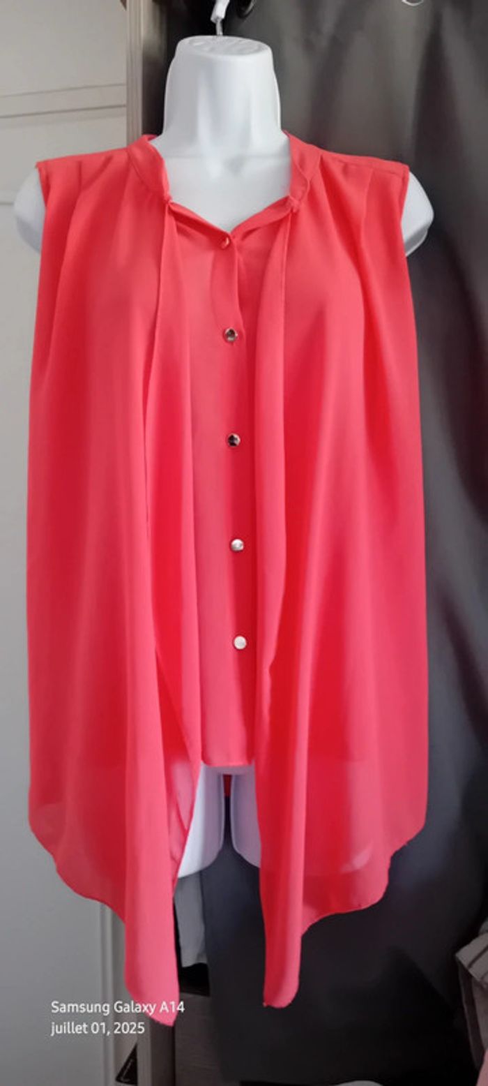 Blouse en voile sans manches assymetrique effet superposé corail femme xl made in italy - photo numéro 10