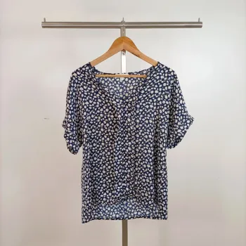 Blouse fleurie bleu marine à marguerites Jodhpur T40 en polyester fluide manches courtes A918
