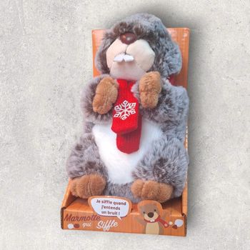 Peluche Marmotte de Noël avec chaussette rouge – siffle au bruit – peluche interactive 18 cm