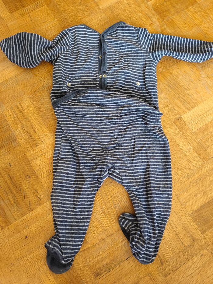 Pyjama grenouillère 9 mois garçon DPAM rayé bleu marine bleu clair rigolo monstre - photo numéro 2