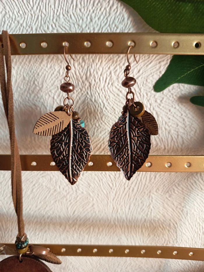 Parure collier + boucles d’oreilles – Style bohème feuilles - photo numéro 4