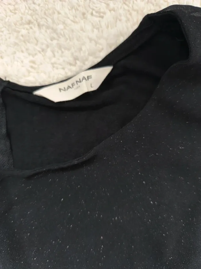 🖤 Haut noir Naf Naf sans manches – Bimatière & voile pailleté – Taille L - photo numéro 4