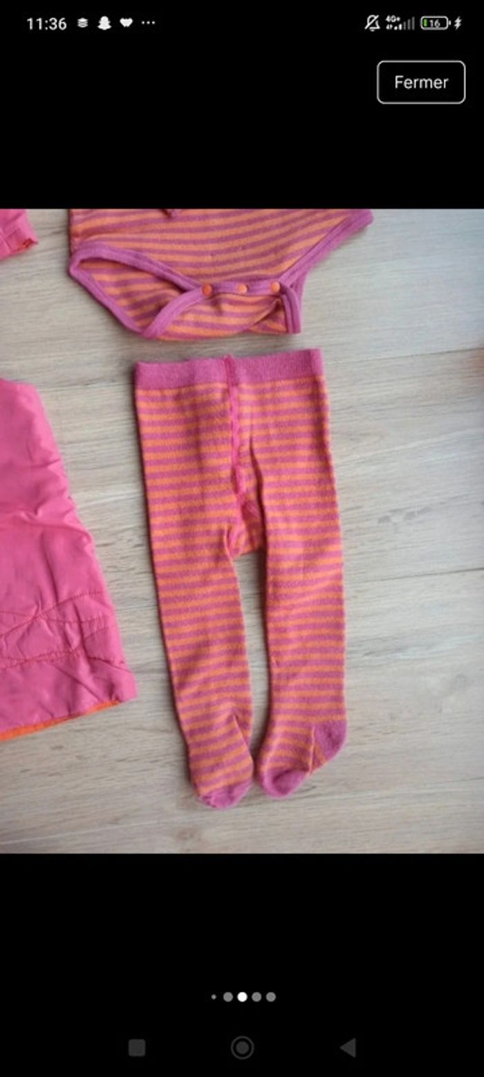 Ensemble tenue bébé 6 mois rose et orange veste/gilet rose robe rose body a rayures collant - photo numéro 6