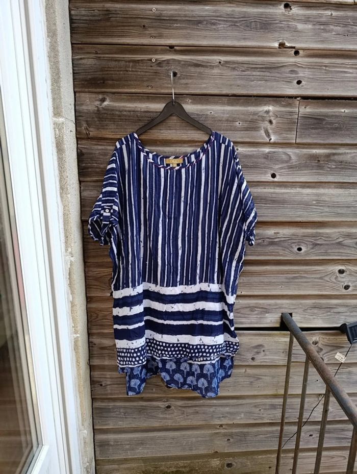 Blouse manches courtes oversize bleu et blanche 38 M David