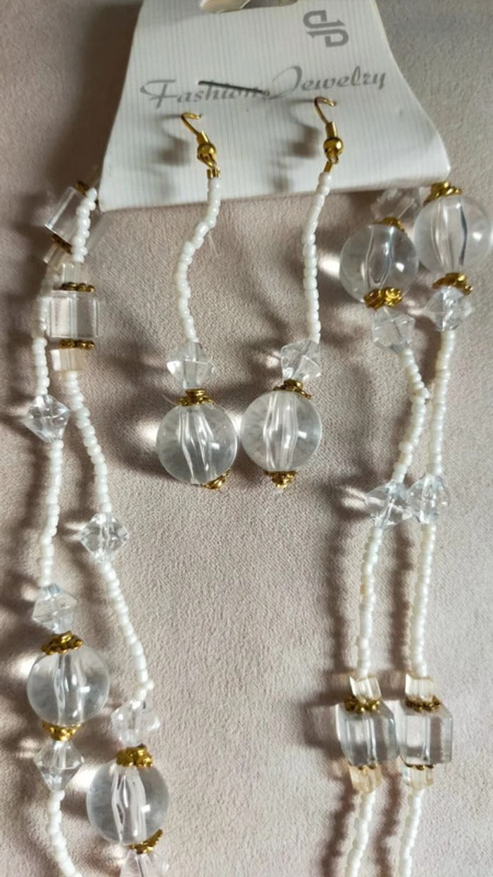 légante parure collier & boucles d’oreilles – Perles cristal & blanc nacré - photo numéro 2