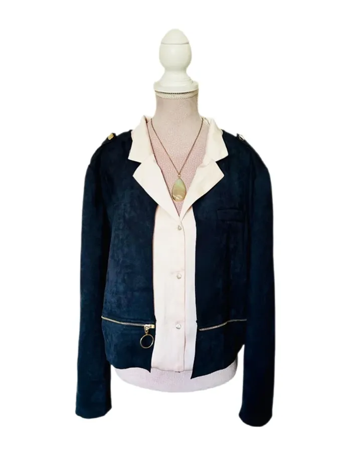 💙Veste vintage bohème 2-en-1 Carnaby mi-longue ou courte Taille 42/XL Versatile navy suede jacket💙 - photo numéro 8