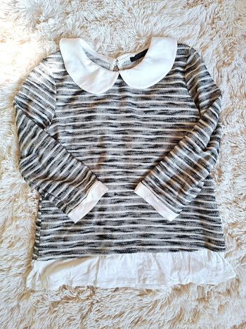 Pull blanc cassé à rayures chinées noires avec col Claudine - R.P. Tamar - Taille M