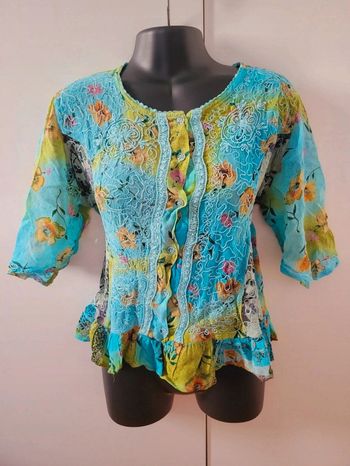 Blouse tee shirt multicolore motifs fleurs vintage coquette corset au dot taille 36 / S